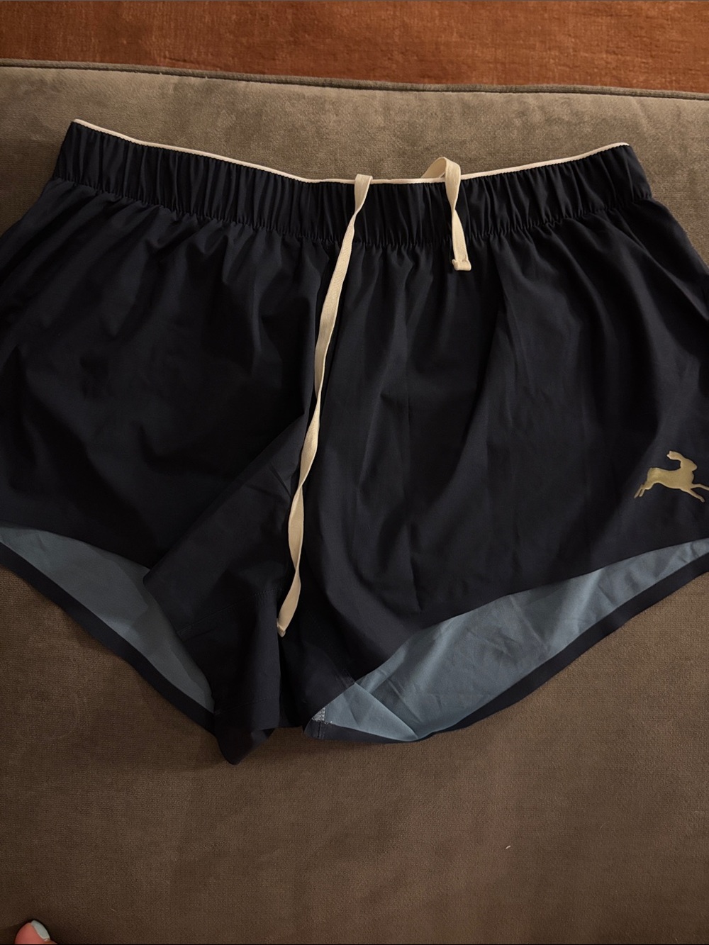 Tracksmith Navy Athletic Shorts with Light Blue and Cream Trim